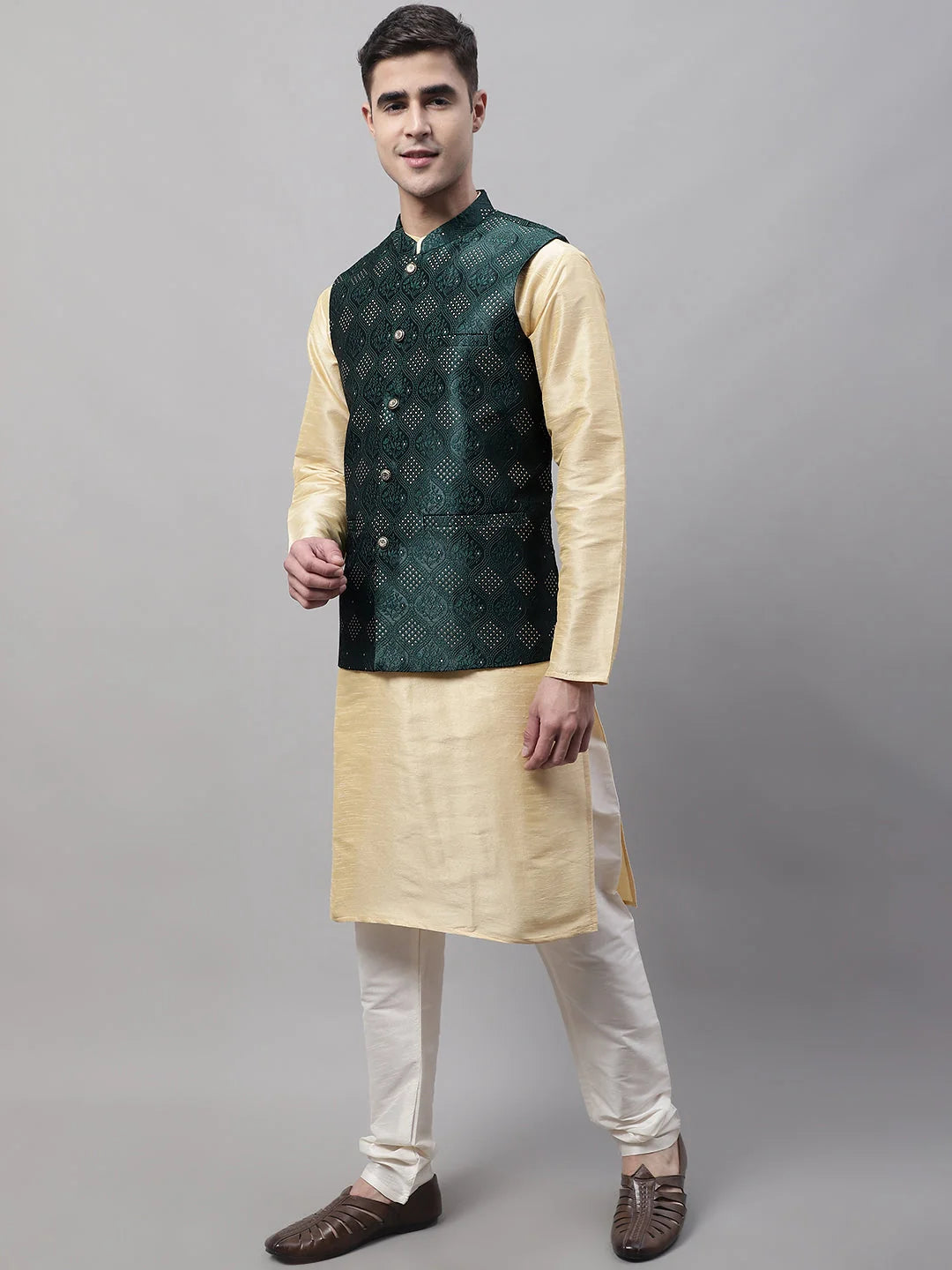 Golden Kurta Pyjama with Olive Nehru Jacket | Mens Kurta Pajam...