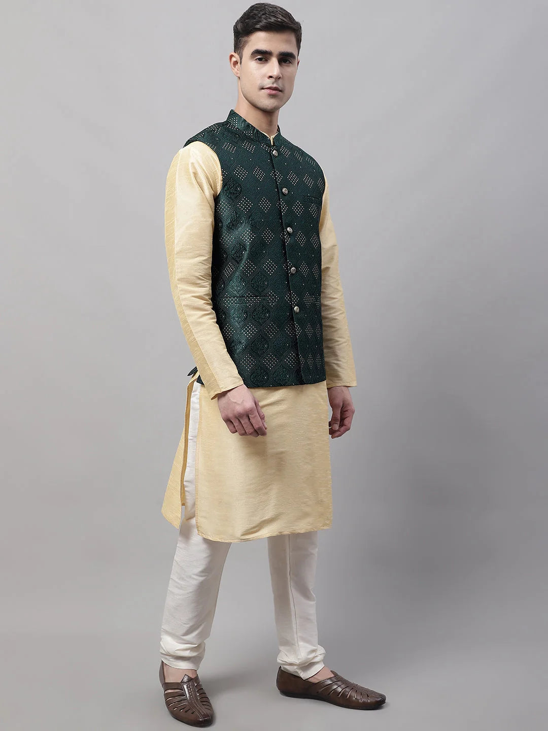Golden Kurta Pyjama with Olive Nehru Jacket | Mens Kurta Pajam...