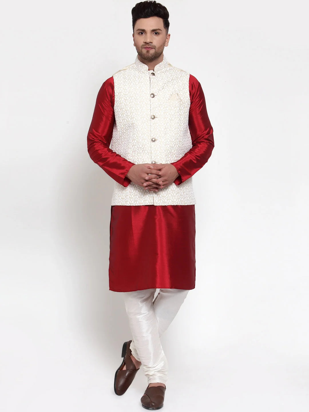 Men's Solid Dupion Best Kurta Pajama with Embroidered Nehru Jacket