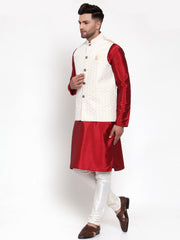 Men's Solid Dupion Best Kurta Pajama with Embroidered Nehru Jacket