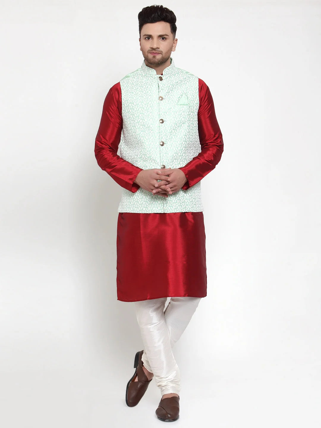 Embroidered Nehru Jacket with Solid Kurta Pajama Set