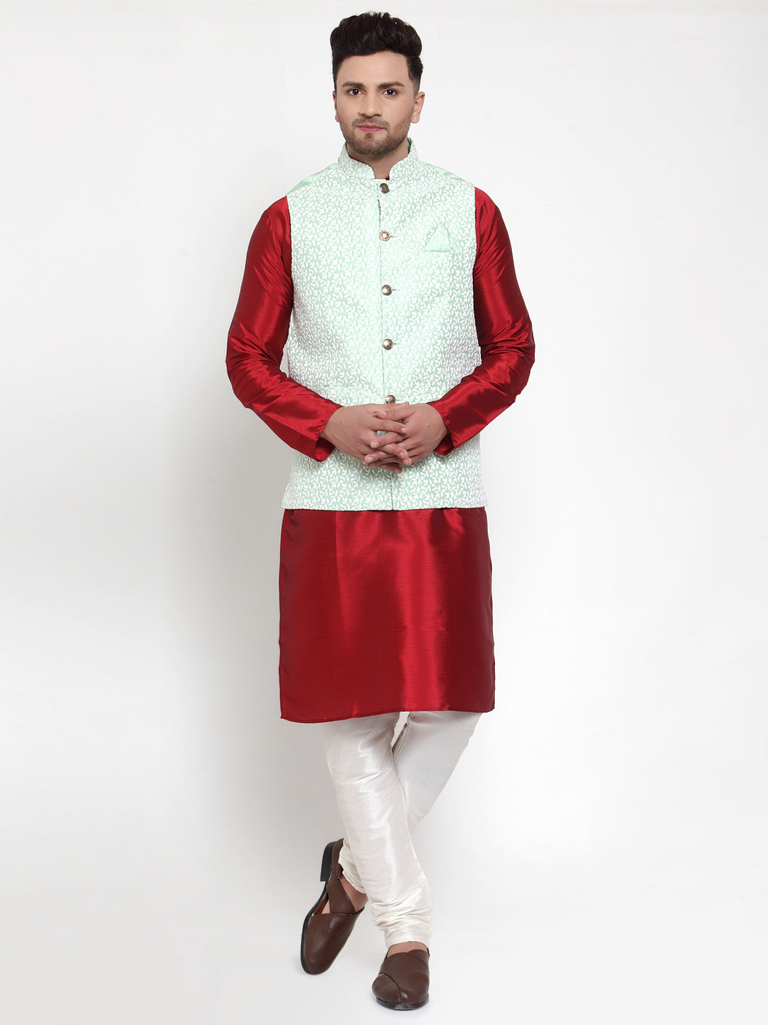 Fine Solid Dupion Kurta Pajama with Embroidered Nehru Jacket
