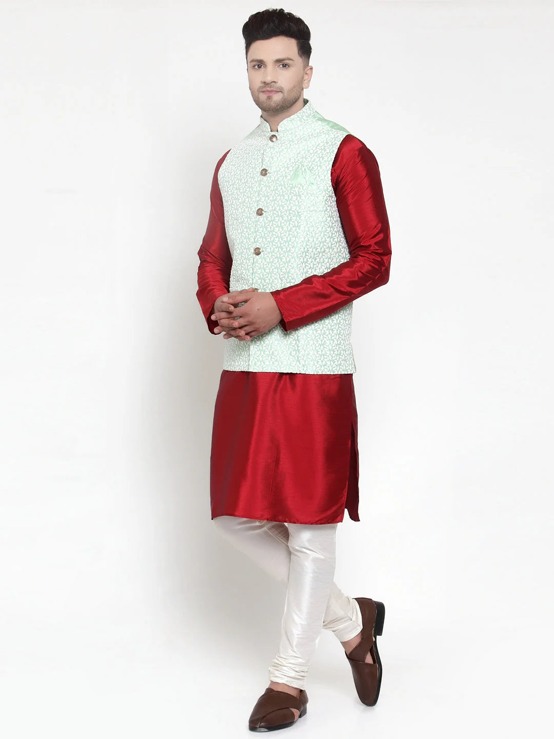 Embroidered Nehru Jacket with Solid Kurta Pajama Set