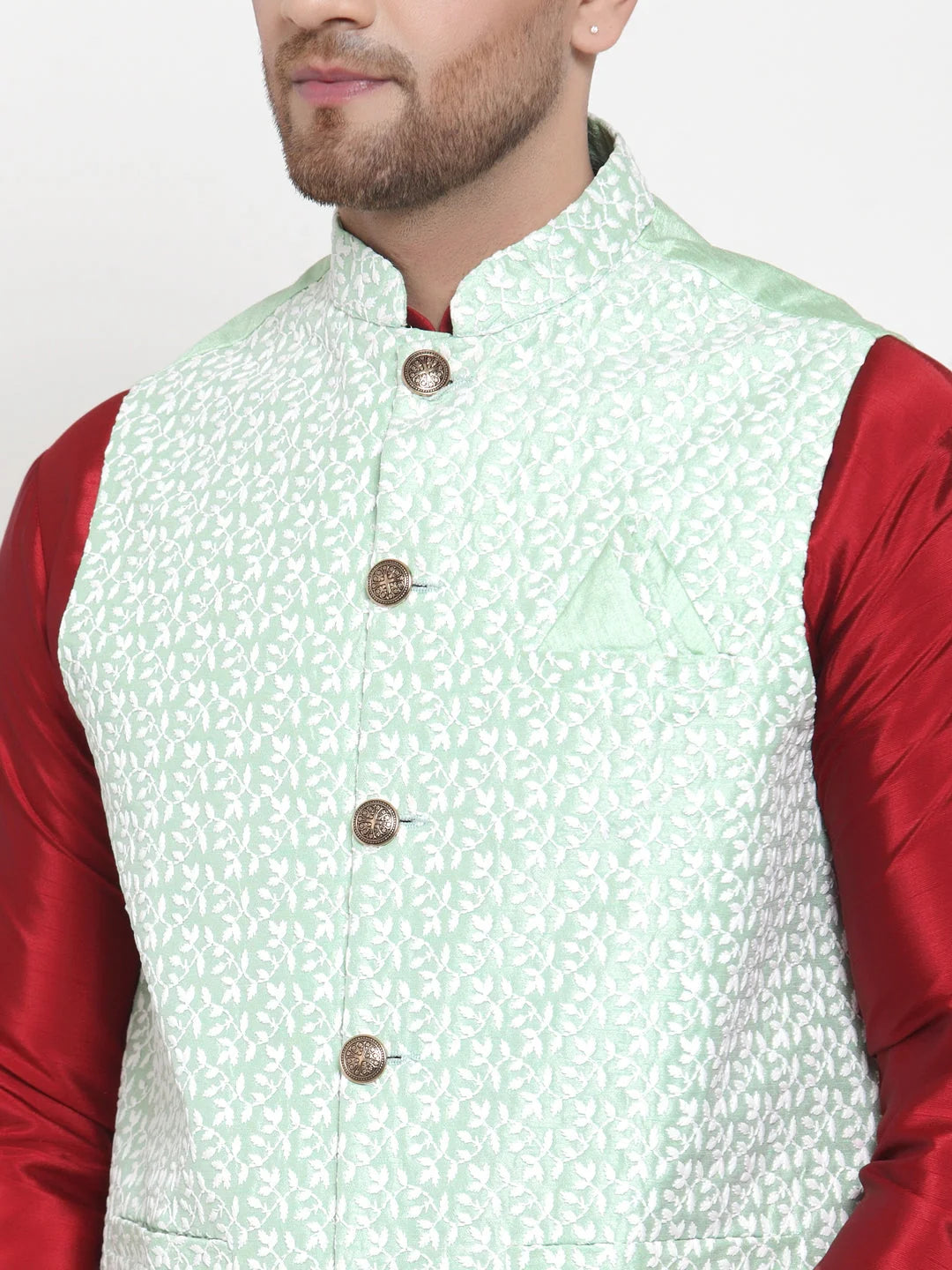 Embroidered Nehru Jacket with Solid Kurta Pajama Set