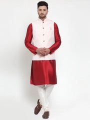 Men's Fine Solid Dupion Kurta Pajama with Embroidered Nehru Jacket