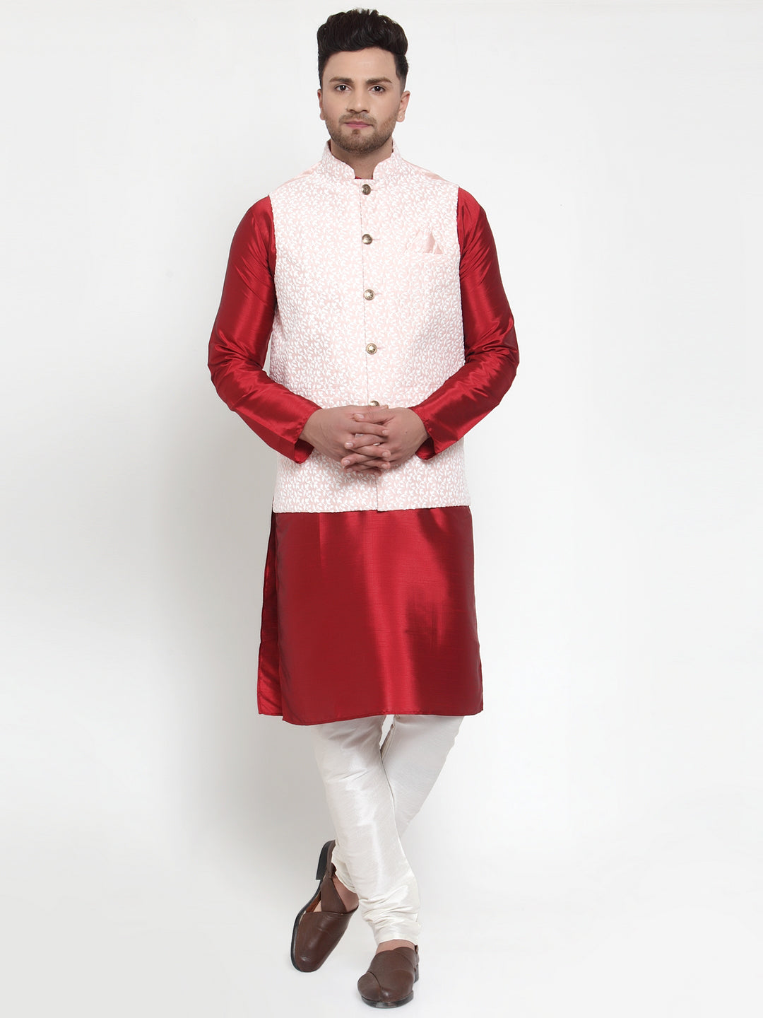 Fine Solid Kurta Pajama Set with Embroidered Nehru Jacket