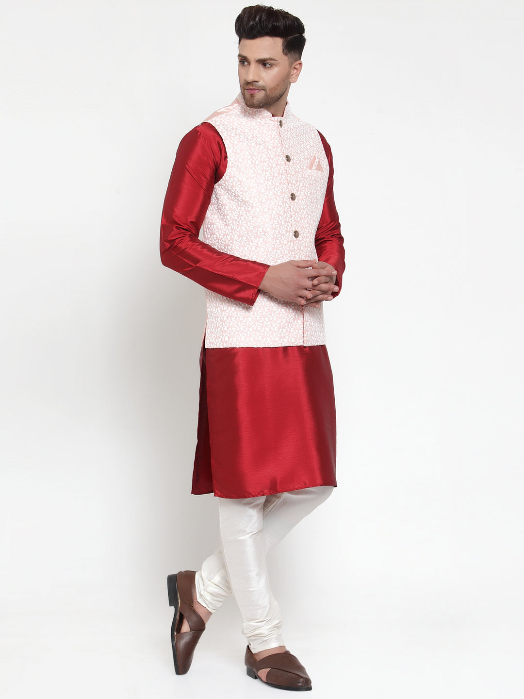Fine Solid Kurta Pajama Set with Embroidered Nehru Jacket