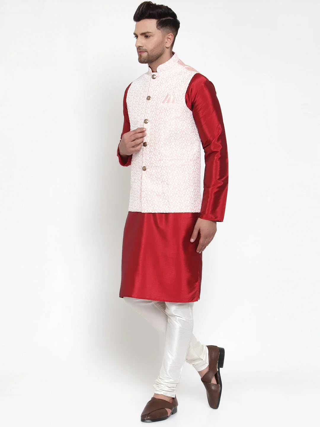 Fine Solid Kurta Pajama Set with Embroidered Nehru Jacket