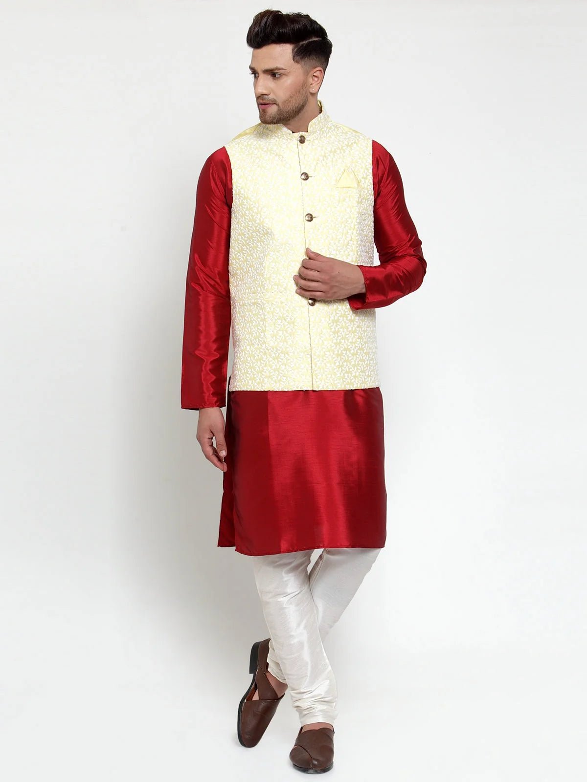 Men's Solid Kurta Pajama with Embroidered Nehru Jacket