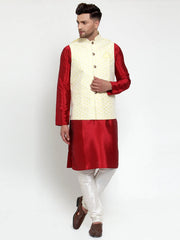 Men's Solid Dupion Kurta Pajama with Embroidered Nehru Jacket