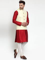 Men's Solid Dupion Kurta Pajama with Embroidered Nehru Jacket