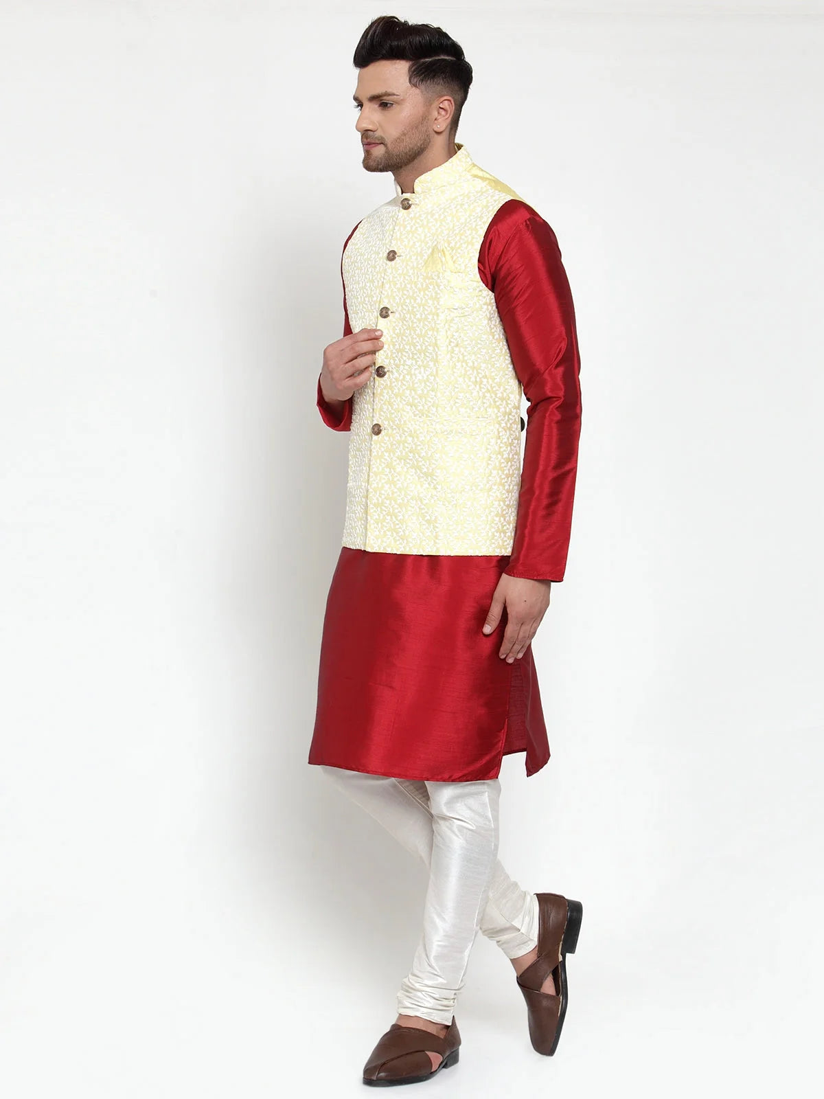 Men's Solid Kurta Pajama with Embroidered Nehru Jacket