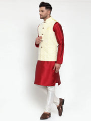 Men's Solid Dupion Kurta Pajama with Embroidered Nehru Jacket