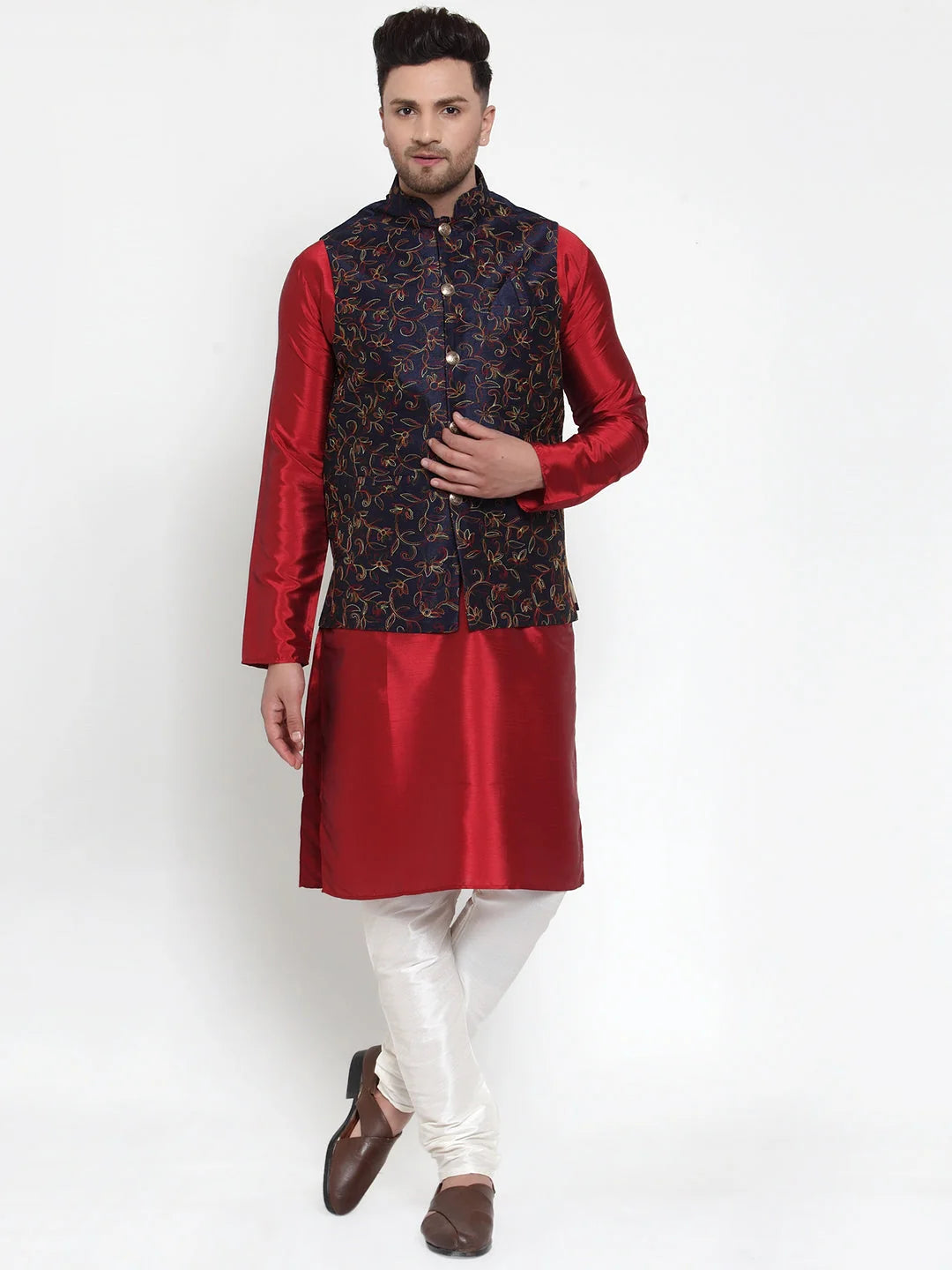 Men's Solid Dupion Kurta Pajama with Woven Nehru Jacket