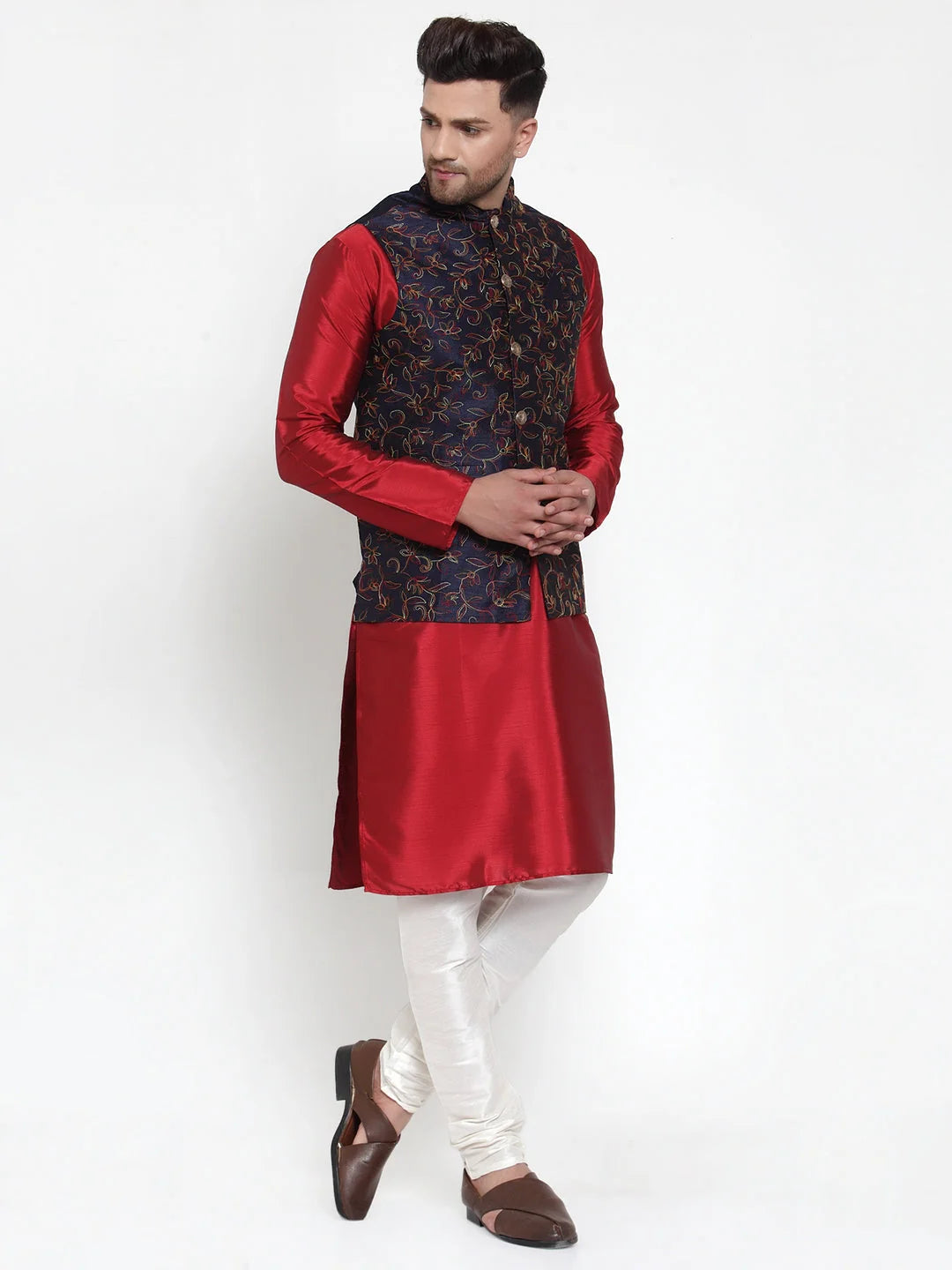 Men's Solid Kurta Pajama with Woven Nehru Jacket