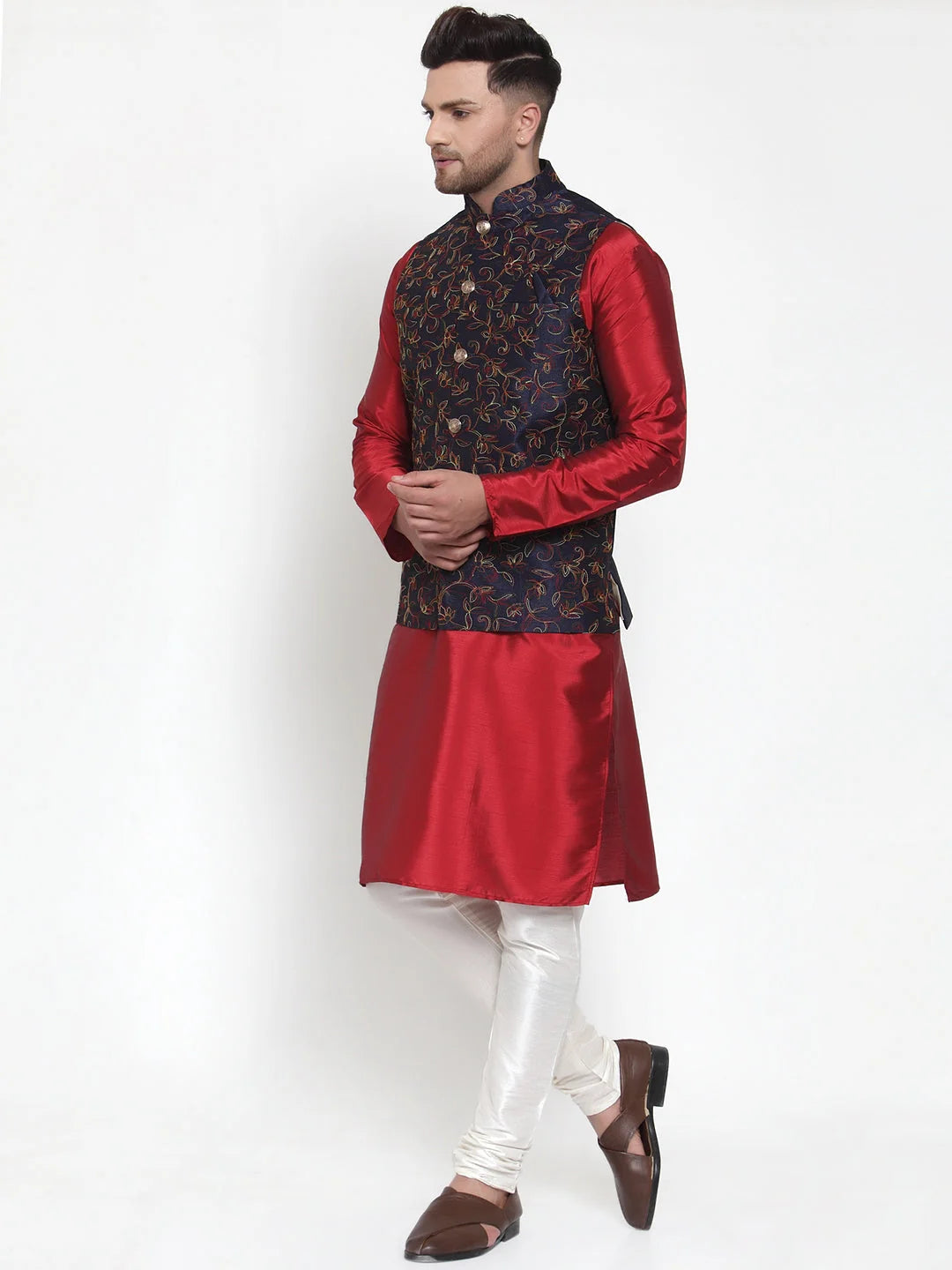 Men's Solid Kurta Pajama with Woven Nehru Jacket