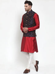 Men's Solid Dupion Kurta Pajama with Woven Nehru Jacket