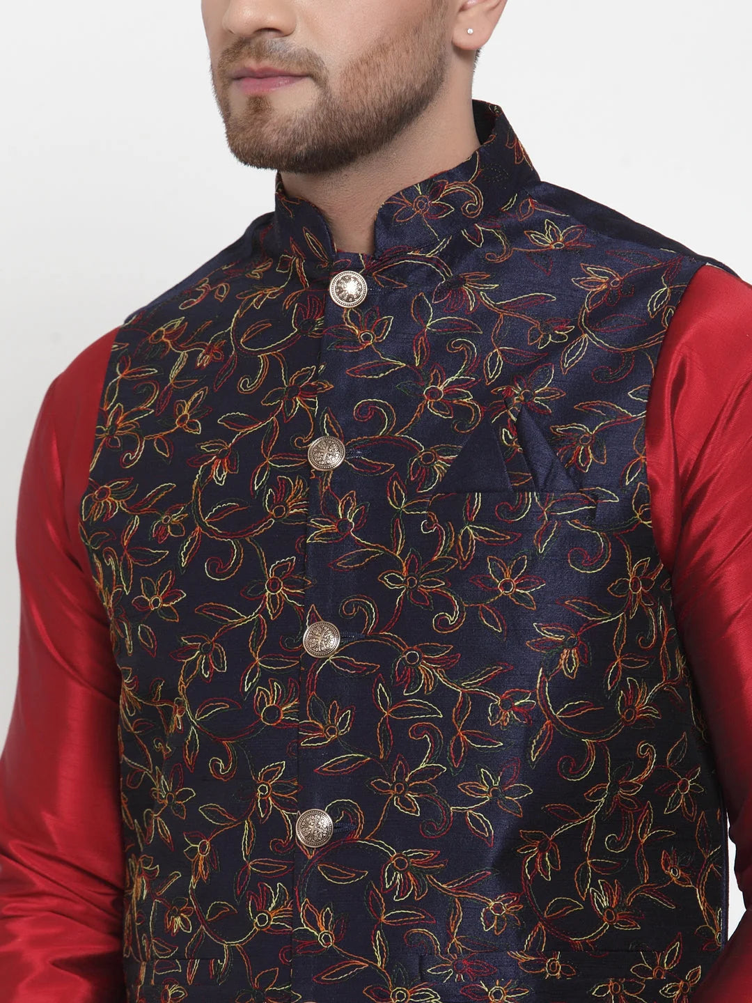 Men's Solid Kurta Pajama with Woven Nehru Jacket