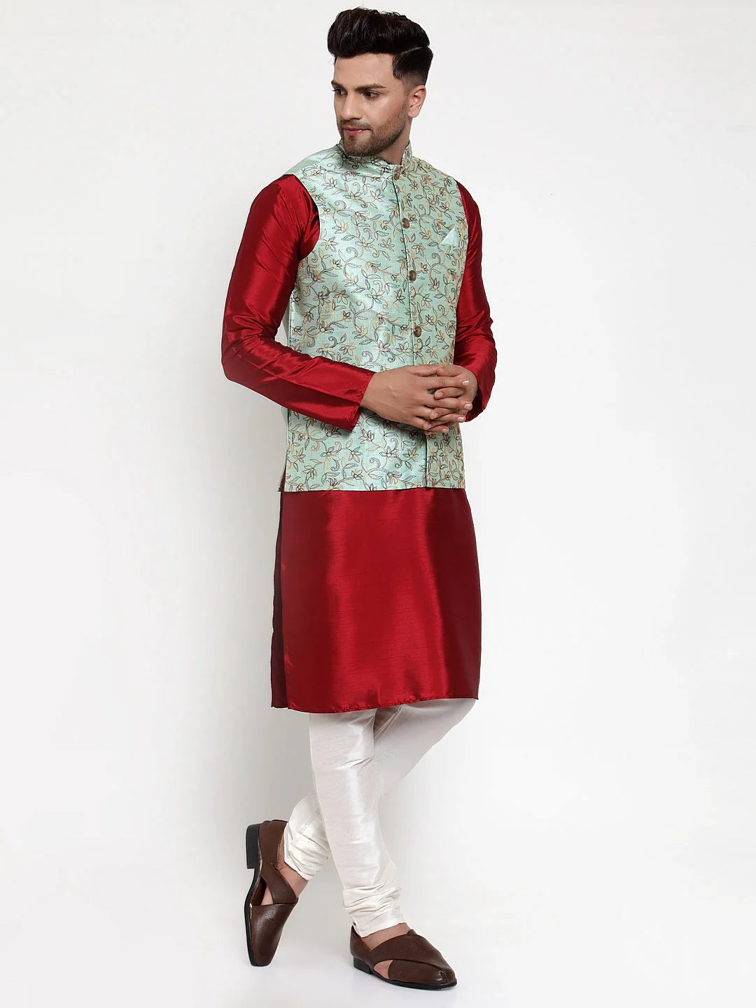Solid Kurta Pajama with Woven Nehru Jacket | Mens Cotton Set