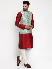 Men's Solid Dupion Kurta Pajama with Woven Fine Nehru Jacket