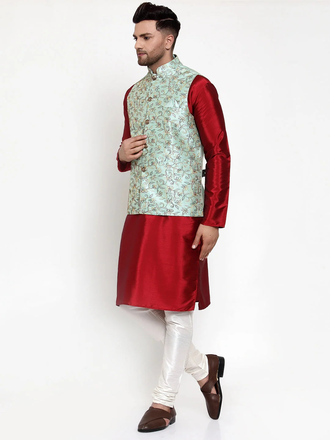 Solid Kurta Pajama with Woven Nehru Jacket | Mens Cotton Set