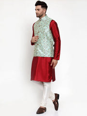 Men's Solid Dupion Kurta Pajama with Woven Fine Nehru Jacket