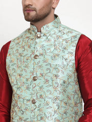 Men's Solid Dupion Kurta Pajama with Woven Fine Nehru Jacket