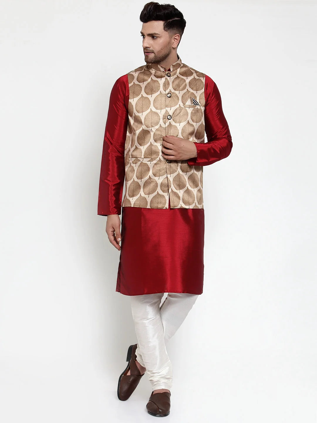 Men's Solid Dupion Kurta Pajama with Printed Nehru Jacket