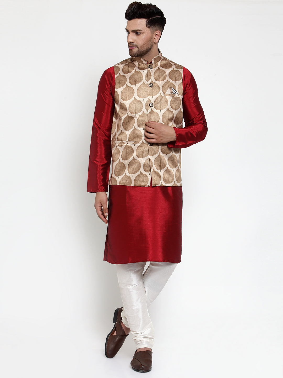 Men's Solid Kurta Pajama with Printed Nehru Jacket - Cotton