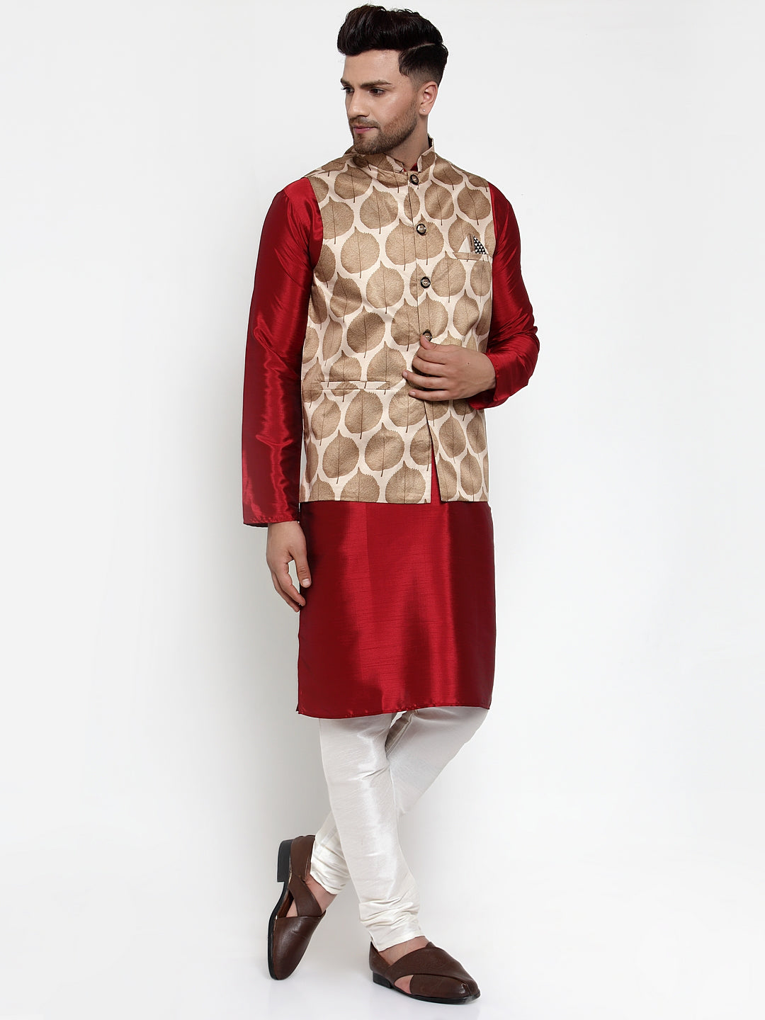 Men's Solid Kurta Pajama with Printed Nehru Jacket - Cotton