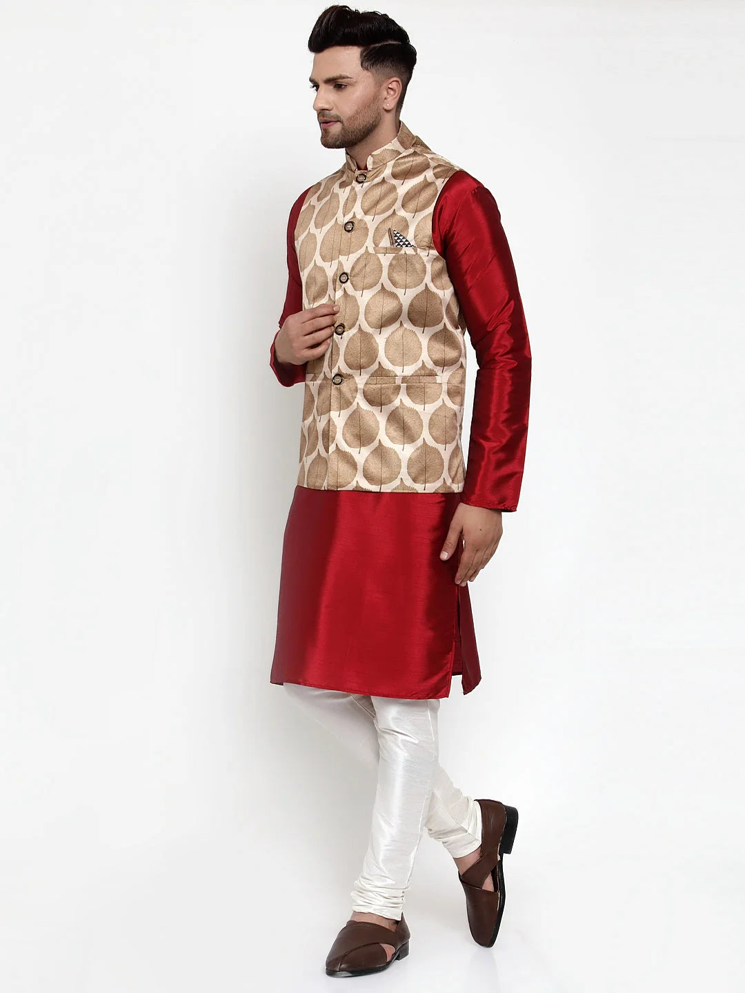 Men's Solid Kurta Pajama with Printed Nehru Jacket - Cotton