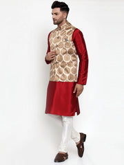 Men's Solid Dupion Kurta Pajama with Printed Nehru Jacket