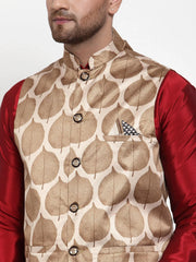 Men's Solid Dupion Kurta Pajama with Printed Nehru Jacket