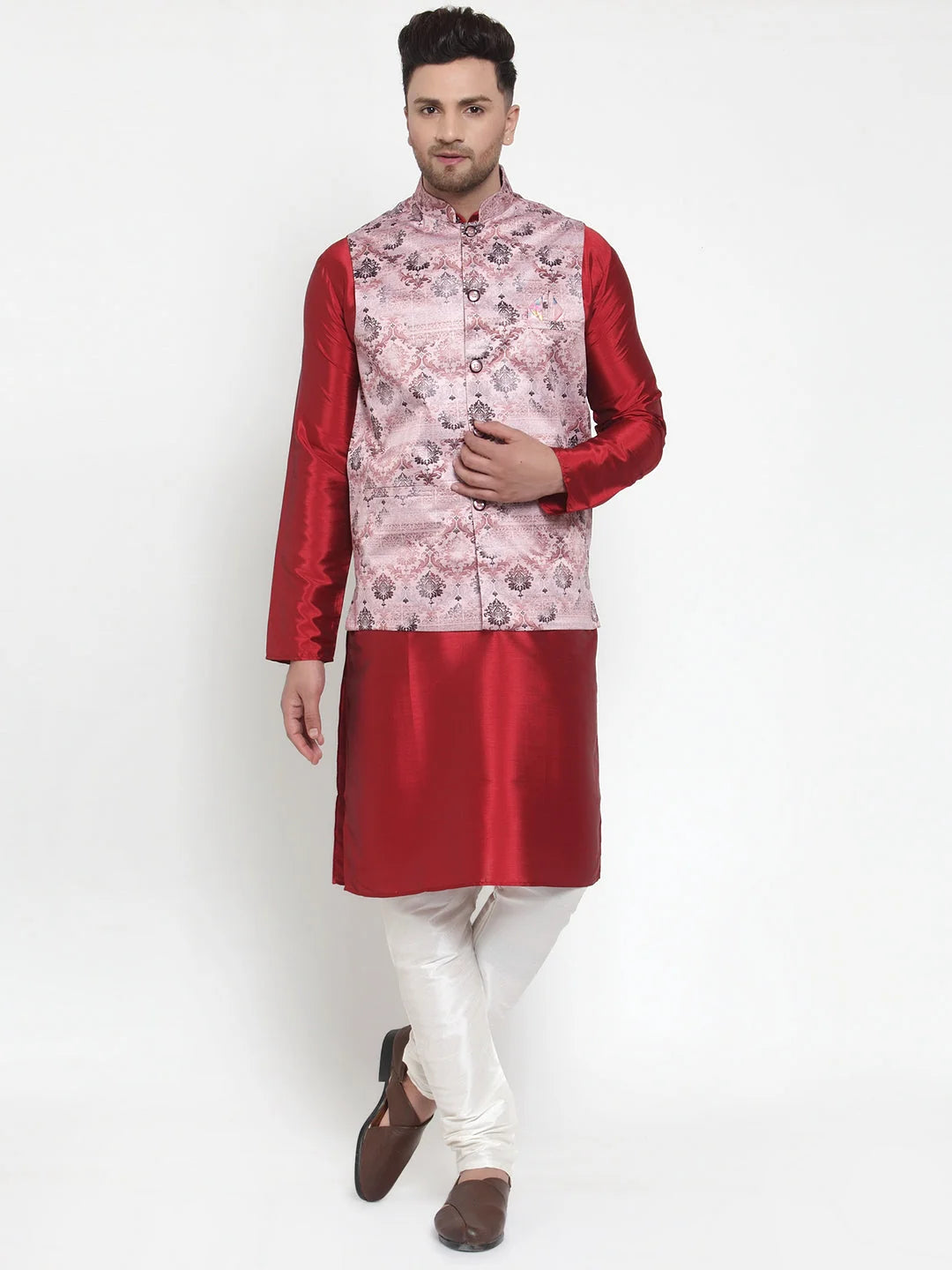 Fine Solid Kurta Pajama with Printed Nehru Jacket | Mens Set