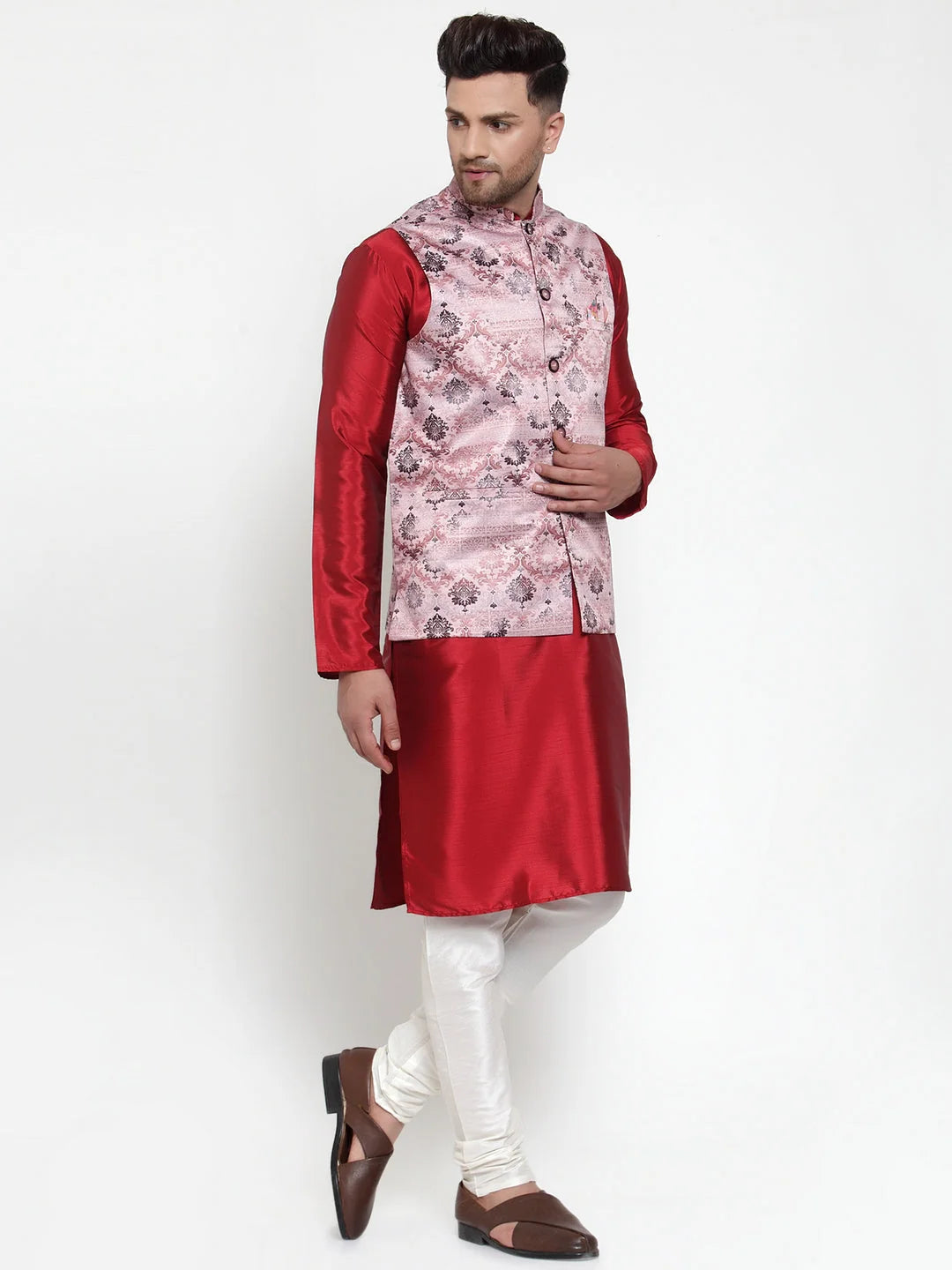 Fine Solid Kurta Pajama with Printed Nehru Jacket | Mens Set