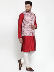Men's Solid Fine Dupion Kurta Pajama with Printed Nehru Jacket