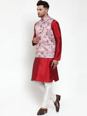 Men's Solid Fine Dupion Kurta Pajama with Printed Nehru Jacket