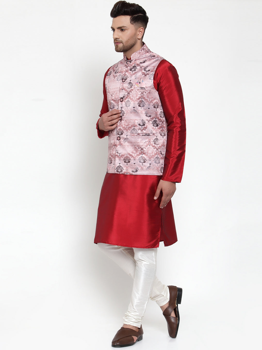 Fine Solid Kurta Pajama with Printed Nehru Jacket | Mens Set