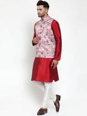 Men's Solid Fine Dupion Kurta Pajama with Printed Nehru Jacket