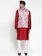 Men's Solid Fine Dupion Kurta Pajama with Printed Nehru Jacket