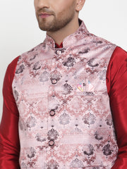 Men's Solid Fine Dupion Kurta Pajama with Printed Nehru Jacket