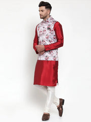 Men's Solid Dupion Kurta Pajama with Printed Fashion Nehru Jacket
