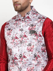 Men's Solid Dupion Kurta Pajama with Printed Fashion Nehru Jacket