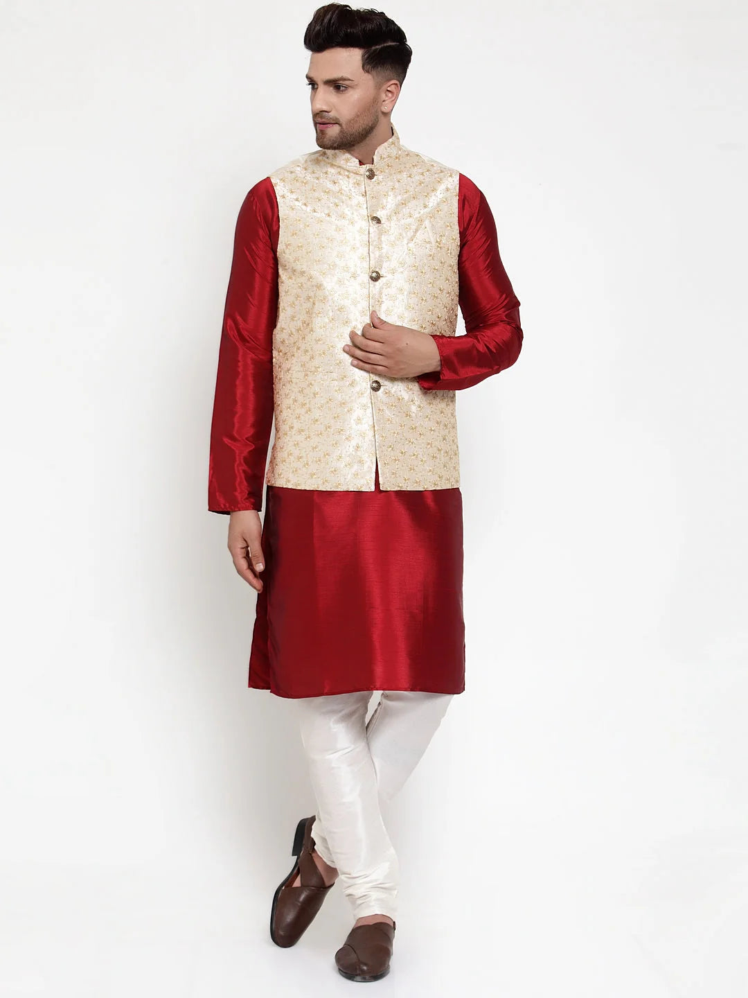 Mens Solid Kurta Pajama Set with Nehru Jacket - Cotton Blend