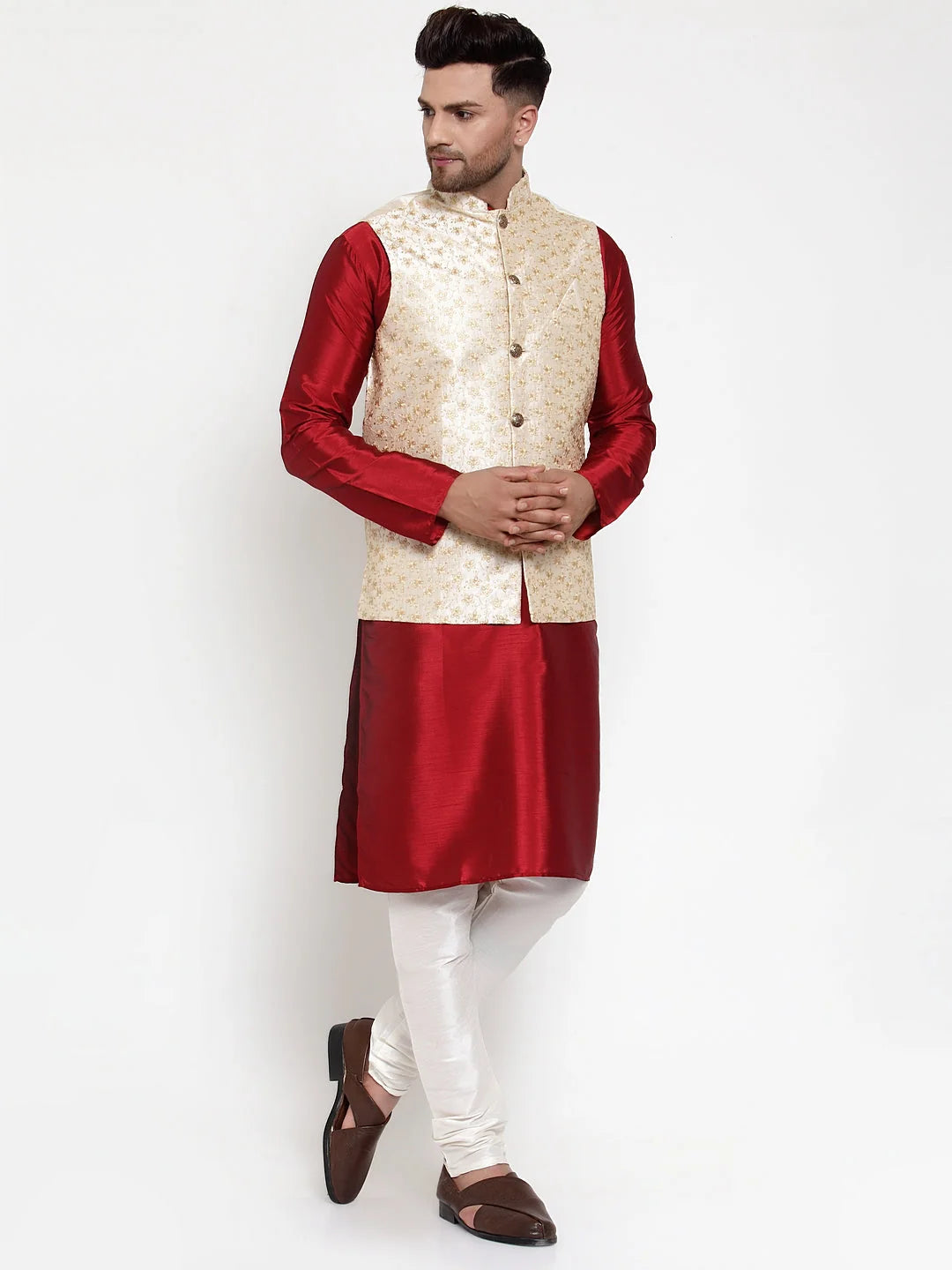 Mens Solid Kurta Pajama Set with Nehru Jacket - Cotton Blend