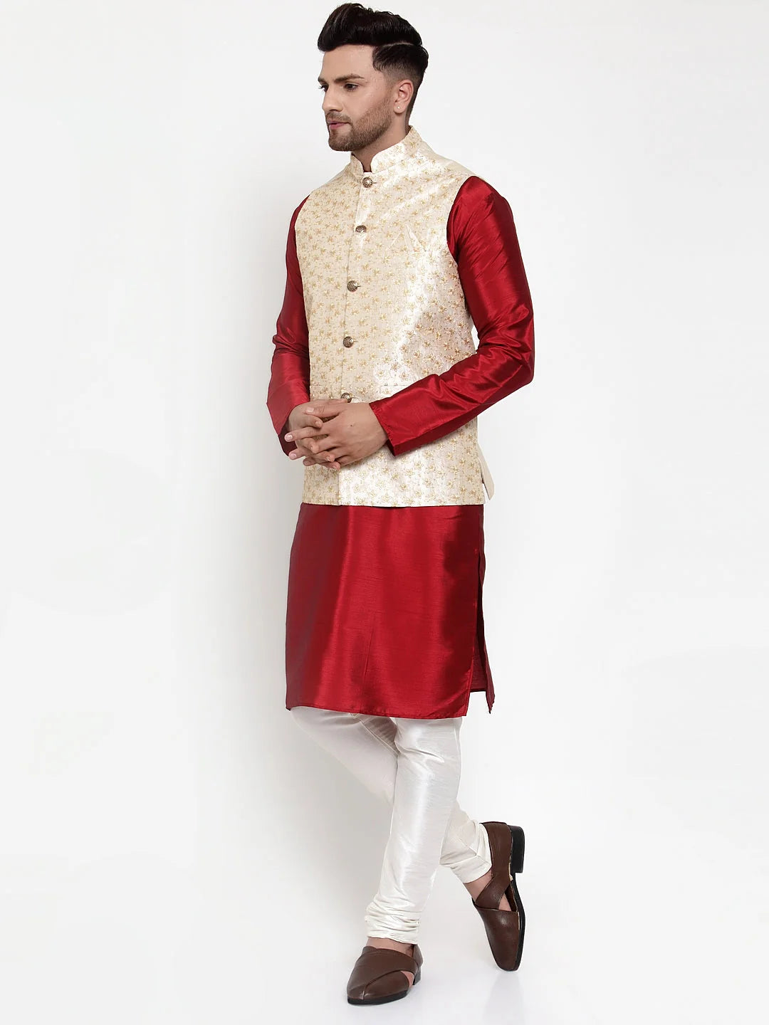 Mens Solid Kurta Pajama Set with Nehru Jacket - Cotton Blend