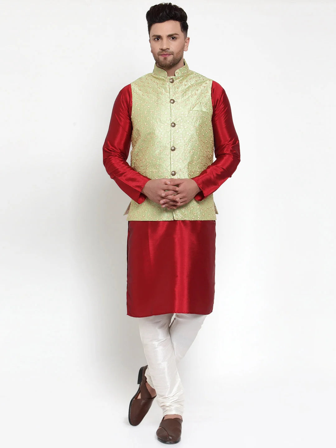 Fashion Solid Dupion Kurta Pajama with Embroidered Nehru Jacket