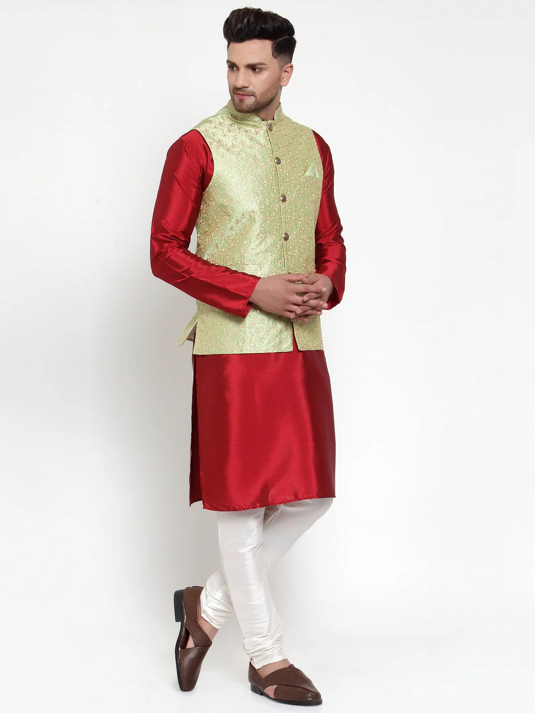Fashionable Solid Mens Kurta Pajama with Nehru Jacket Set