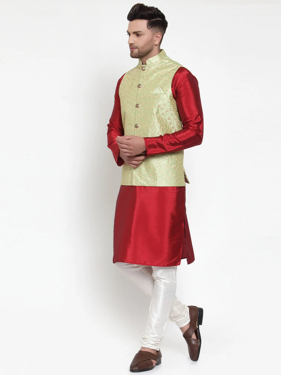 Fashionable Solid Mens Kurta Pajama with Nehru Jacket Set