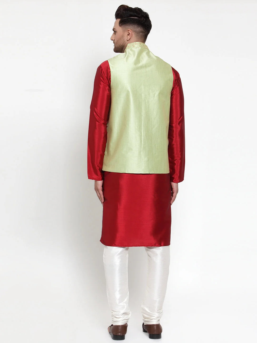 Fashionable Solid Mens Kurta Pajama with Nehru Jacket Set